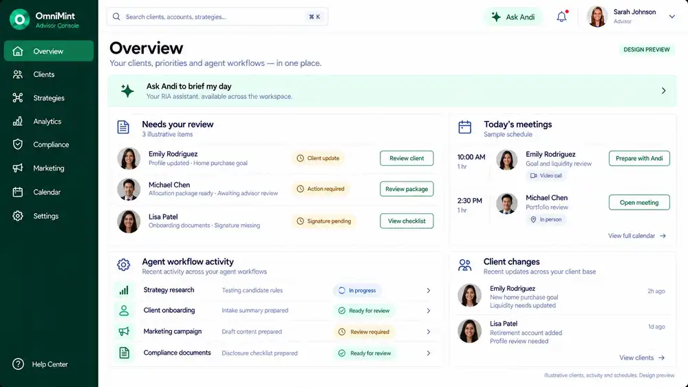Approved illustrative OmniMint advisor overview with client review, agent activity and Ask Andi.