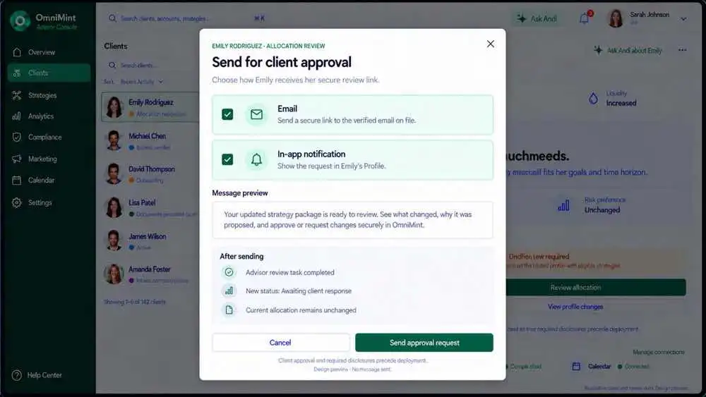 Choose email and in-app delivery for the approval request.
