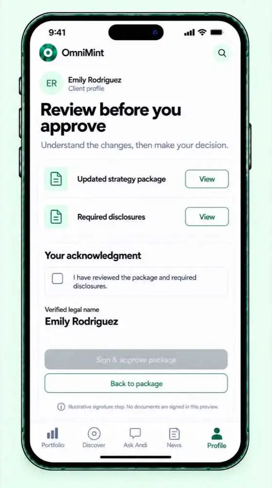 Emily reviews required disclosures and the signature step before approval.