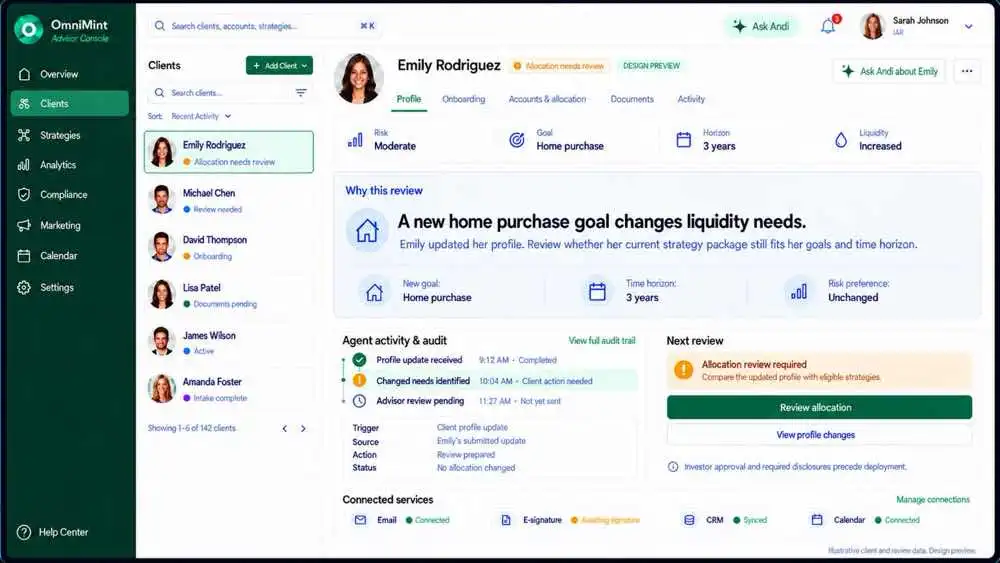 Emily’s client profile shows changed goals and liquidity needs.